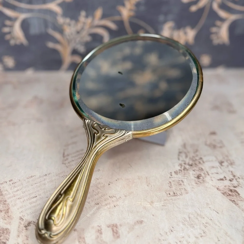 Antique Art Nouveau Repousse Vanity Hand Mirror Maiden Floral